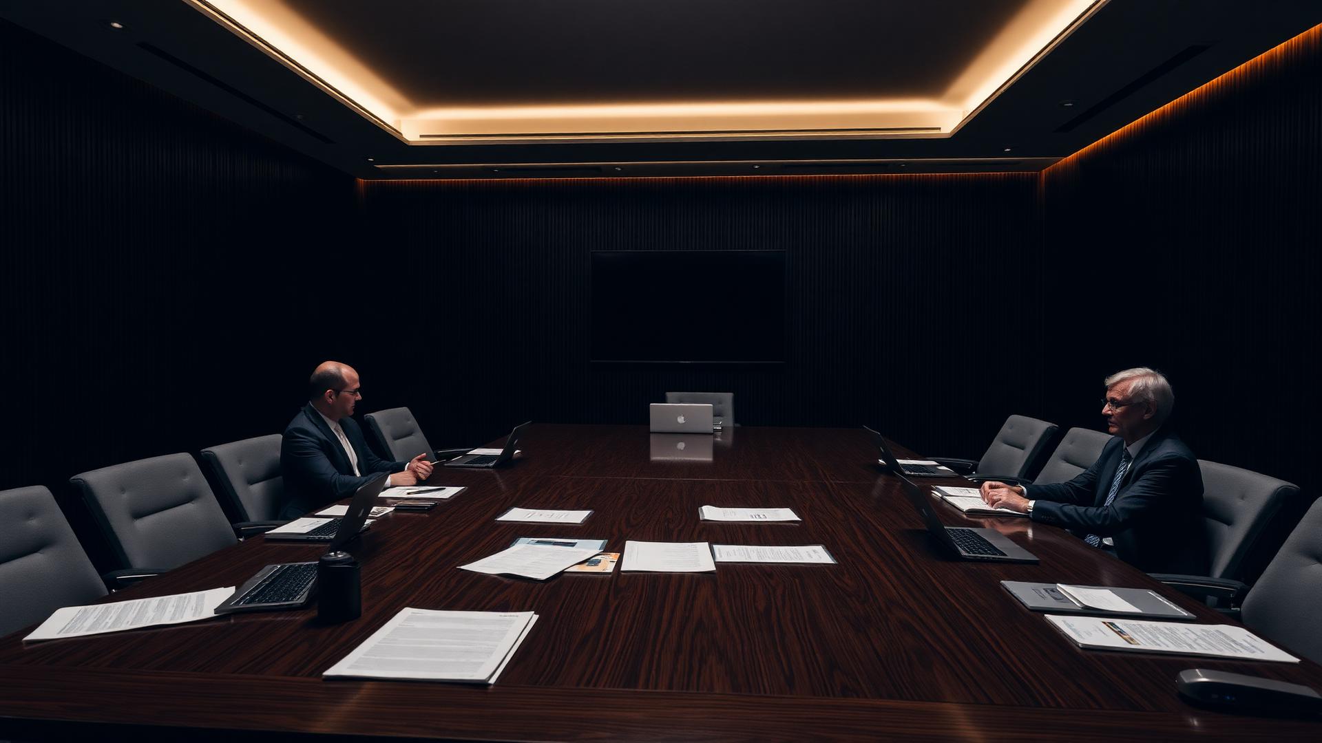 Bank credit committee reviewing loan documents in a dark boardroom