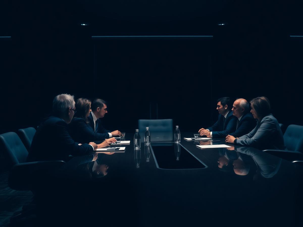 Investment committee reviewing credit risk in a dark boardroom