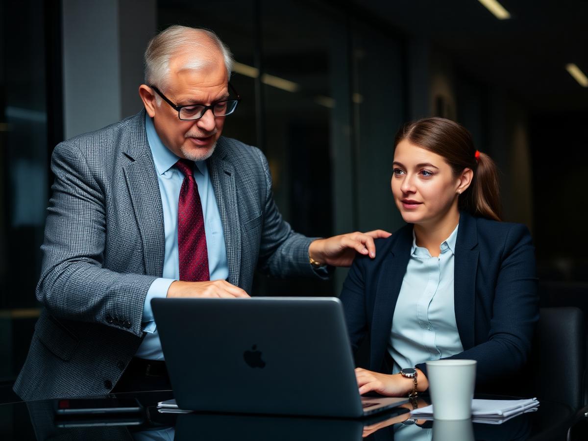 Senior credit professional reviewing analysis at a laptop